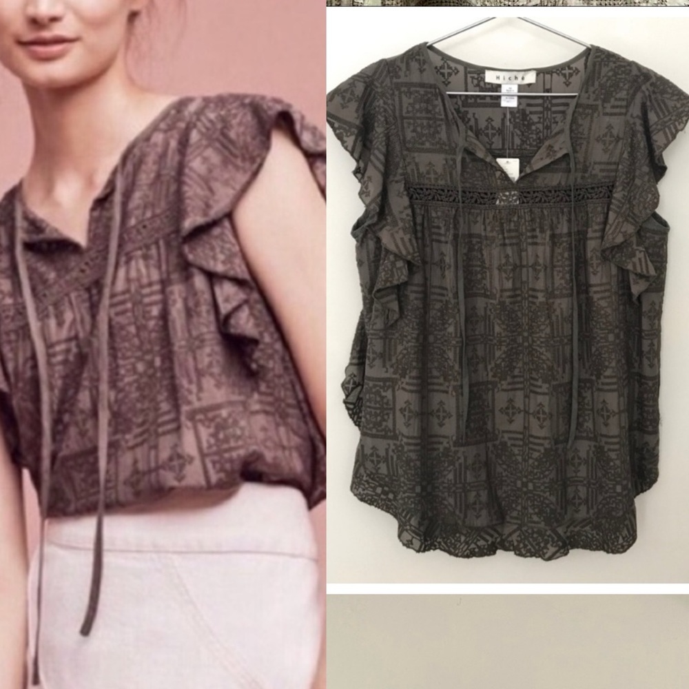 Anthropologie Hiche cross stitched Flutter blouse xs